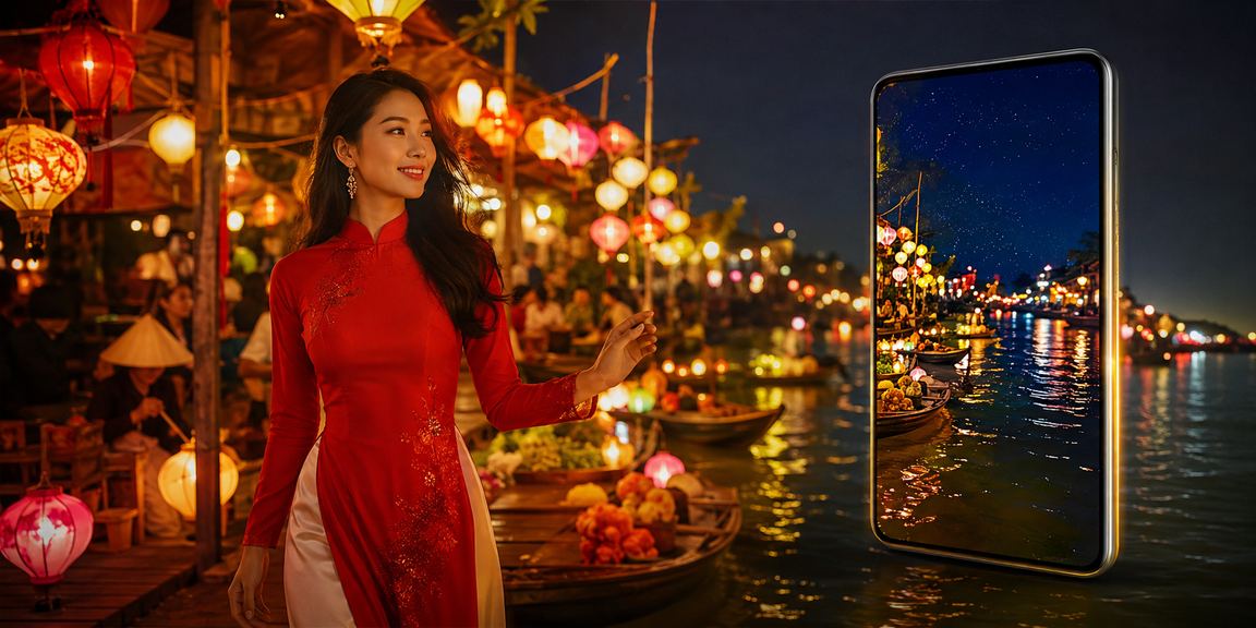 Phụ nữ mặc áo dài Hội An dùng app casino trên điện thoại để nhập mã voucher