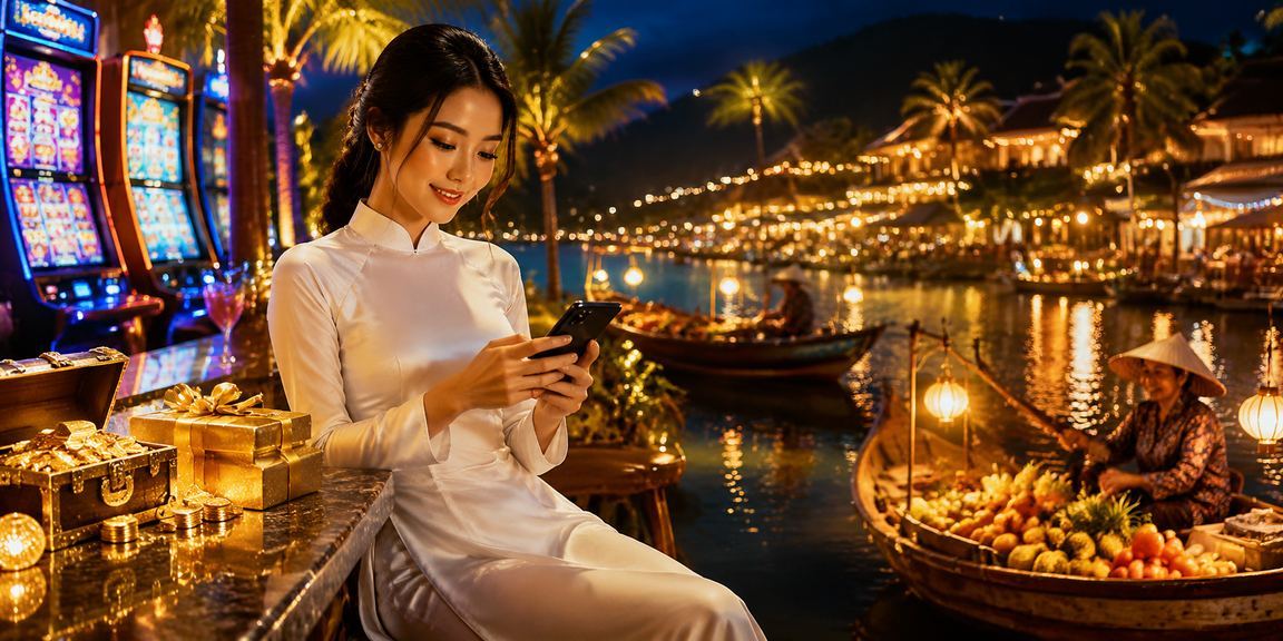 Người dùng Phú Quốc chơi slot game trên điện thoại với áo dài truyền thống